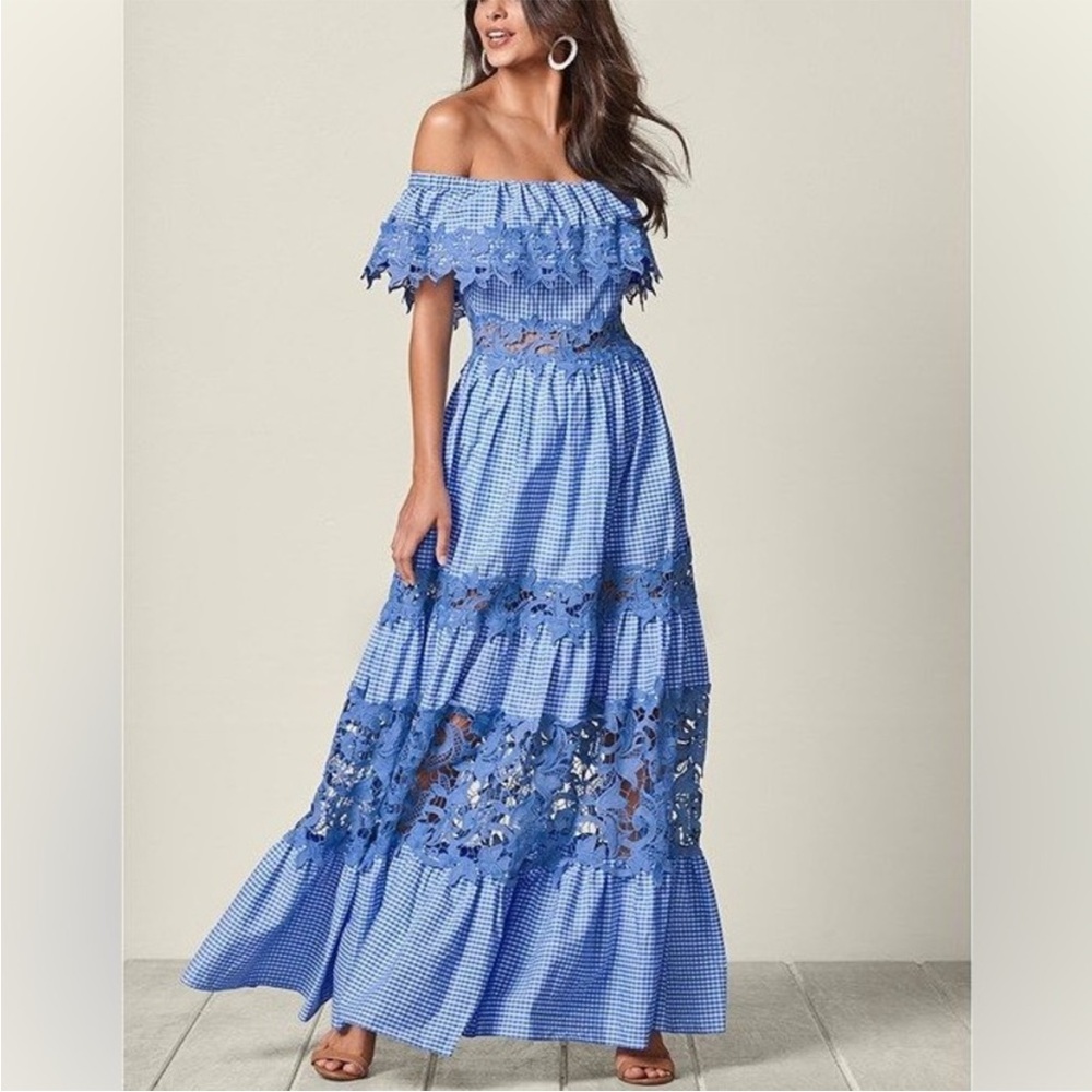 ❤️VENUS Blue Gingham with Lace detail Off-Shoulder Maxi Dress NWOT